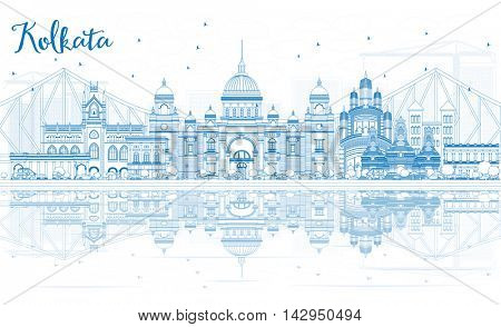 Outline Kolkata Skyline with Blue Landmarks and Reflections. Business Travel and Tourism Concept with Historic Buildings. Image for Presentation Banner Placard and Web Site.