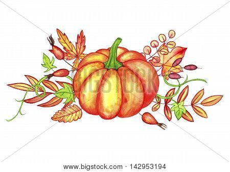 watercolor isolated orange pumpkin and autumn leaves at white background, hand drawn illustration, thanskgiving card