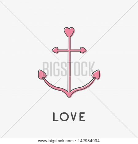 Anchor thin line icon in shapes of heart. Nautical sign symbol. Ship anchor. Pink color. Love greeteng card. Isolated White background. Flat design. Vector illustration