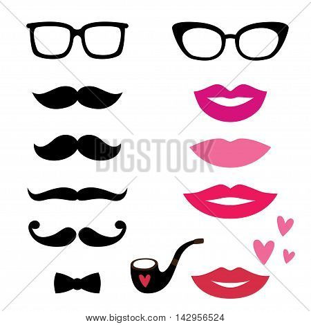 Lips, mustache and eyeglasses isolated elements set