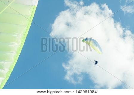 Low Angle Of Paraglider In The Blue Sky