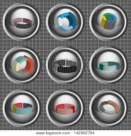 Business 3d pie charts set flat style over silver background with white grid. Digital vector image