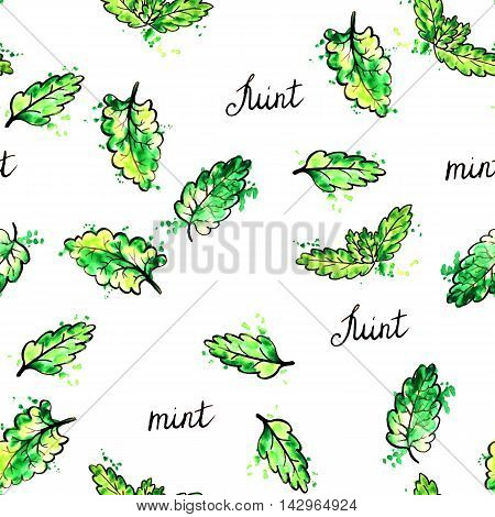 seamess pattern with hand drawn mint leaves, background with ink and watercolor drawing aromatic green plant and paint stains