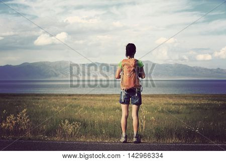 one young woman hiker enjoy the view