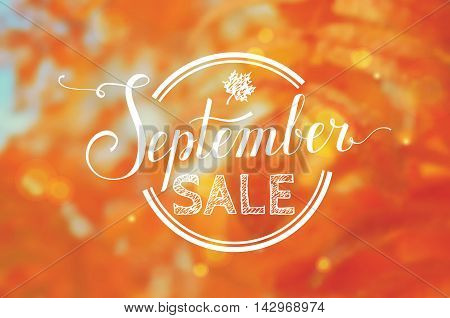 September sale. Blurred autumn background with discount badge. Vector promo banner.