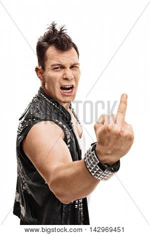 Furious young punker showing his middle finger isolated on white background