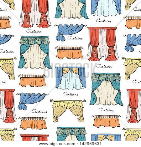 Vector seamless pattern with hand drawn isolated colored curtains. Pattern on the theme of decoration interior. Background for use in design