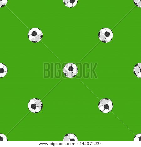 Soccer balls over green field seamless pattern. Backdrop soccer game for championship, vector illustration