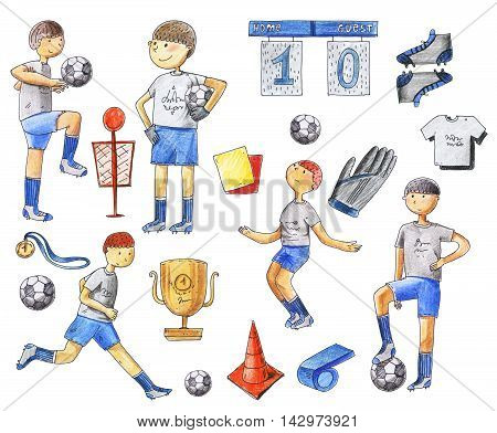Large raster illustration with football players and soccer supplies as ball medal boots shirts pipe. Footballers running standing training. Isolated on white raster hand drawn set