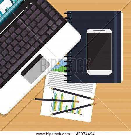 laptop infographic smartphone worktime desk office supply icon. Colorful design. Vector illustration