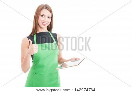 Happy Female Seller With Tablet Showing Thumbup