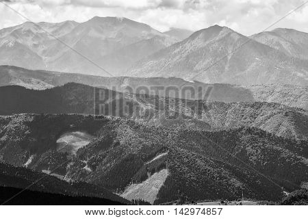 Carpathian mountains landscape view from the height Chornogora ridge Ukraine black and white photo