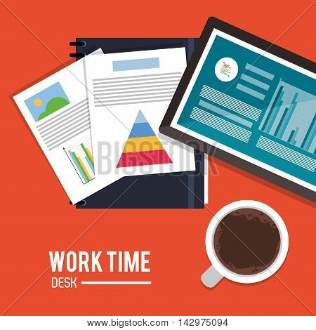 tablet infographic notebook mug worktime desk office supply icon. Colorful design. Vector illustration