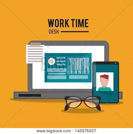 laptop infographic smartphone glasses worktime desk office supply icon. Colorful design. Vector illustration