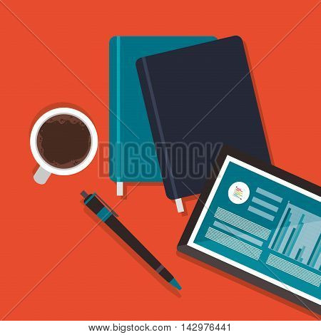tablet infographic notebook mug worktime desk office supply icon. Colorful design. Vector illustration