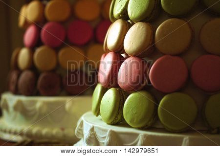 Tower of french macaron in pastel colours
