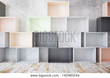 Stacks of empty colroful boxes in room with concrete wall and wooden floor. Mock up 3D Rendering