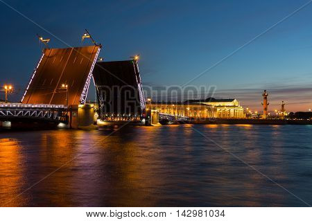 Open Dvortsovy Bridge and view of the Spit of Vasilyevsky Island Saint-Petersburg Russia