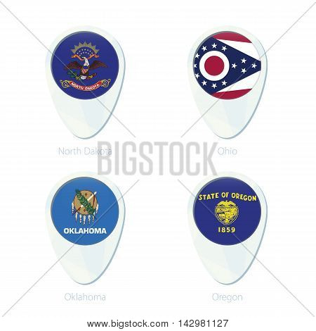 North Dakota, Ohio, Oklahoma, Oregon Flag Location Map Pin Icon.