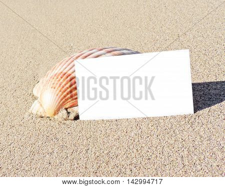 Beach with blank greeting card or business card. Beach background with copy space.