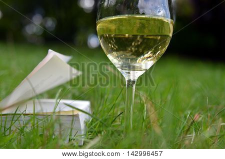 macro glass of white wine and book in nature