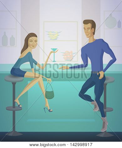 Couple at the bar vector illustration. Man and  woman sitting at the bar counter