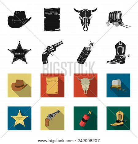 Star Sheriff, Colt, Dynamite, Cowboy Boot. Wild West Set Collection Icons In Black, Flet Style Vecto