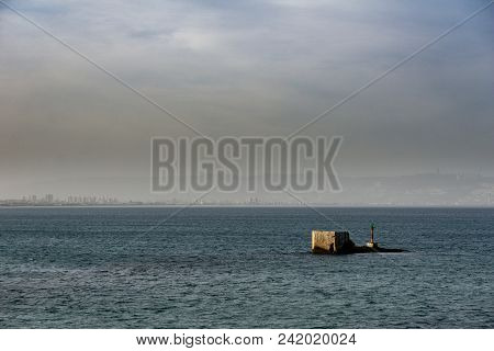 Seamark In Mediterranean Sea Seascape Abstract Background Near Acre With Haifa In The Background