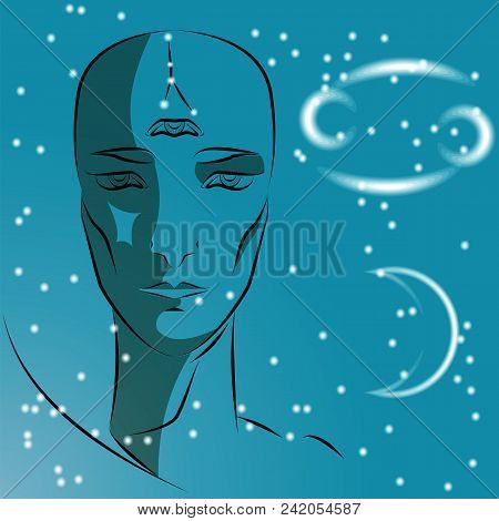 Sign Of Zodiac Cancer. Girl Is Fortuneteller With Third Eye, Constellation, Sign Of Zodiac And Plane