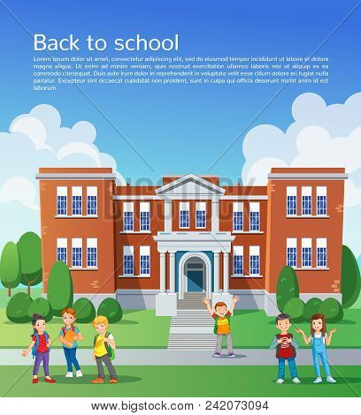 Happy School Children In Front Of School. Design Template