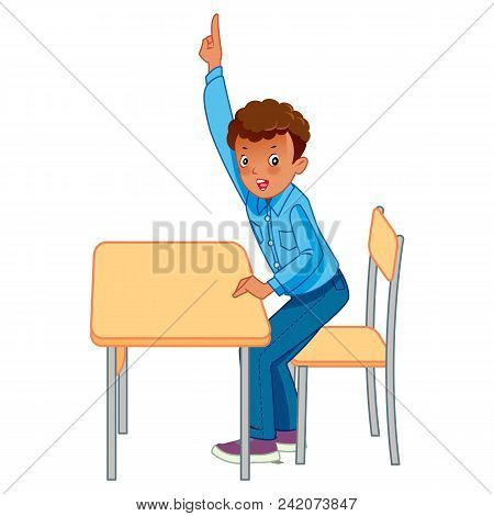 Cute Pupils Raising Hands In Elementary School - Vector