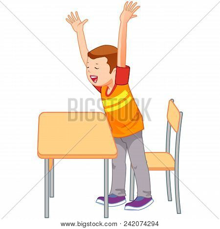 Cute Pupils Raising Hands In Elementary School - Vector