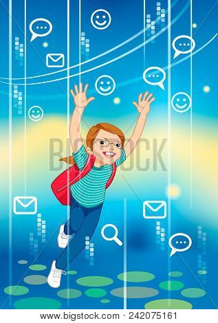 Cute Little Girl Is Happy And Runs On An Abstract Background In The World Of The Internet.