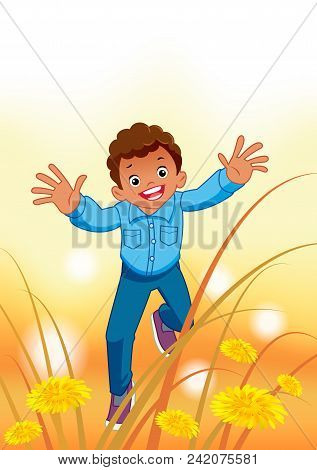 Illustration Of A Young Boy Jumping For Joy Outdoors