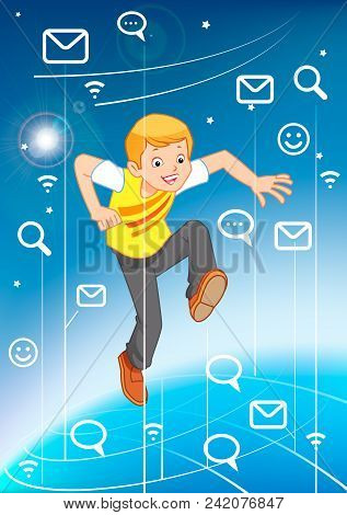 Cute Little Baby Runs On An Abstract Background In The World Of The Internet.