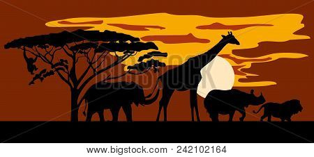 Silhouettes Of Animals On The Background Of Savannah. Lion, Rhino, Giraffe, Elephant, Monkey. Horizo