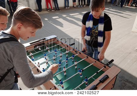 Minsk, Belarus - May 23, 2018: Little Fans Plays Table Soccer Before The Belarusian Premier League F