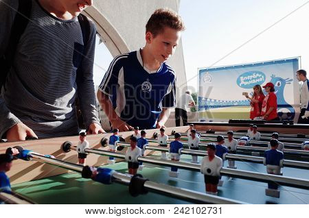Minsk, Belarus - May 23, 2018: Little Fans Plays Table Soccer Before The Belarusian Premier League F