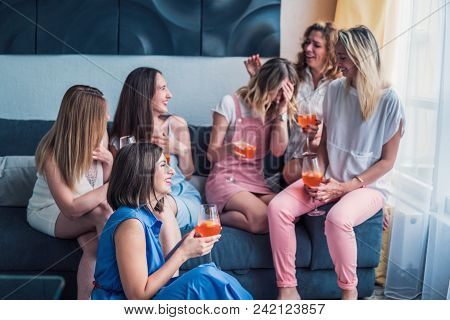 Girls Party. Beautiful Women Friends Having Fun At Bachelorette Party. They Are Celebrating And Drin