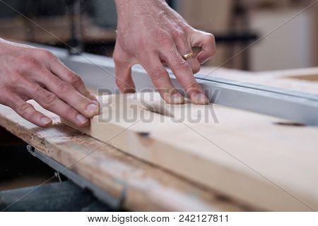 Caucasian Carpenter Work With Wood Planer. Concept Of Man Hobby And Carpentery Skills.