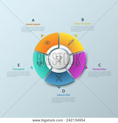 Round Diagram Divided Into 5 Colorful Pieces And Circular Element In Center, Thin Line Icons And Arr