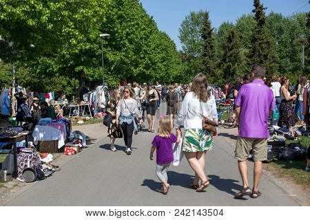 Copenhagen, Denmark - May 13, 2018: People At A Flea Market In Stefansgade In Norrebro District