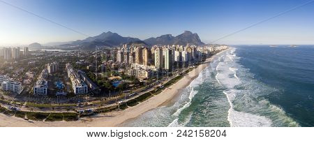 Aerial View Of Barra Da Tijuca Beach During Sunset, Golden Light. Rio De Janeiro, Brazil