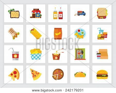 Takeaway Food Concept. Flat Icon Set. Food Delivery, Fast Food, Snack. Can Be Used For Topics Like R