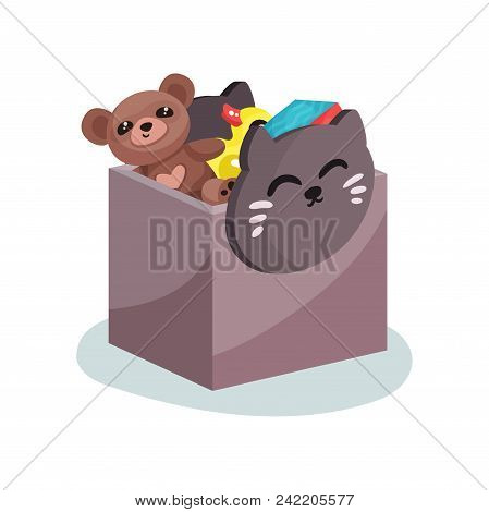 Icon Of Plastic Box With Cat Face Full Of Children Toys. Brown Teddy Bear, Yellow Rubber Duck And Co