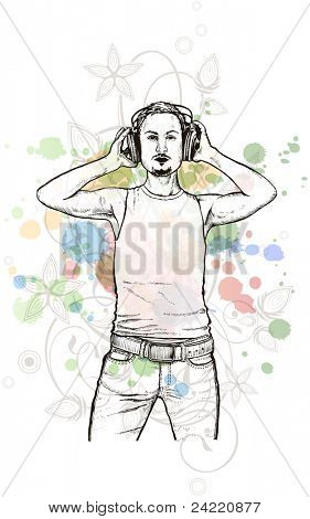 DJ & hudba barvy se smísí - ornament květinové kaligrafie - stylizované orchidejí, barva barva pozadí. Bit