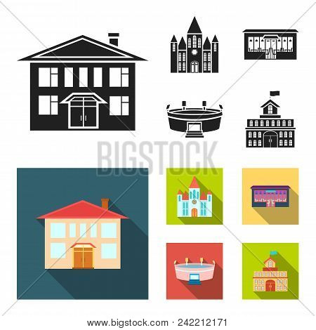 House Of Government, Stadium, Cafe, Church.building Set Collection Icons In Black, Flat Style Vector