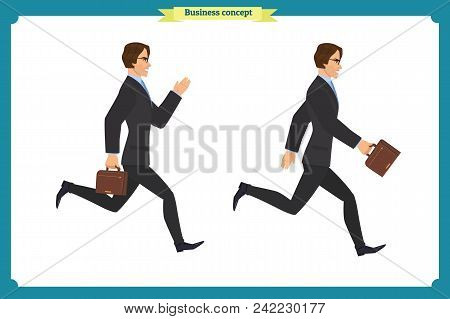 Collection Set Of Walking And Running Businessman. Walk, Run, Active. Variety Of Movements. Flat Cha