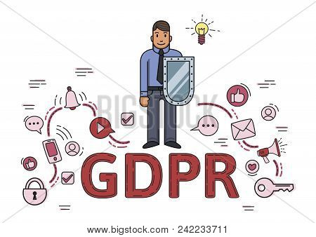Businessman With A Shield Among Internet And Social Media Symbols. General Data Protection Regulatio