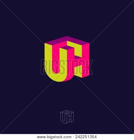 Uh Logo. U And H Letters. 3d Yellow And Pink Emblem On A Dark Background. Monochrome Contour Option.